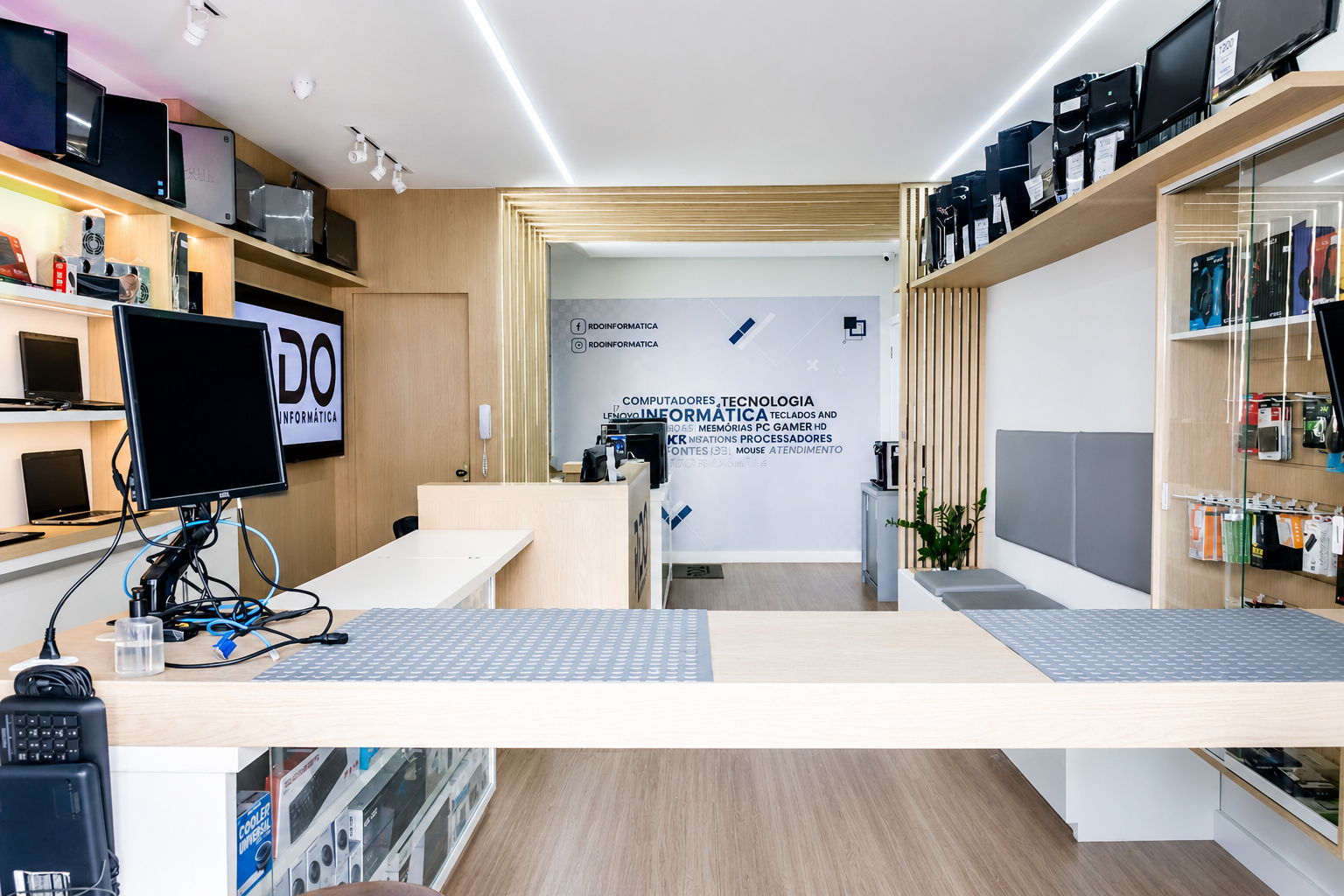 Showroom da RDO Informática em Bonsucesso — balcão e produtos expostos