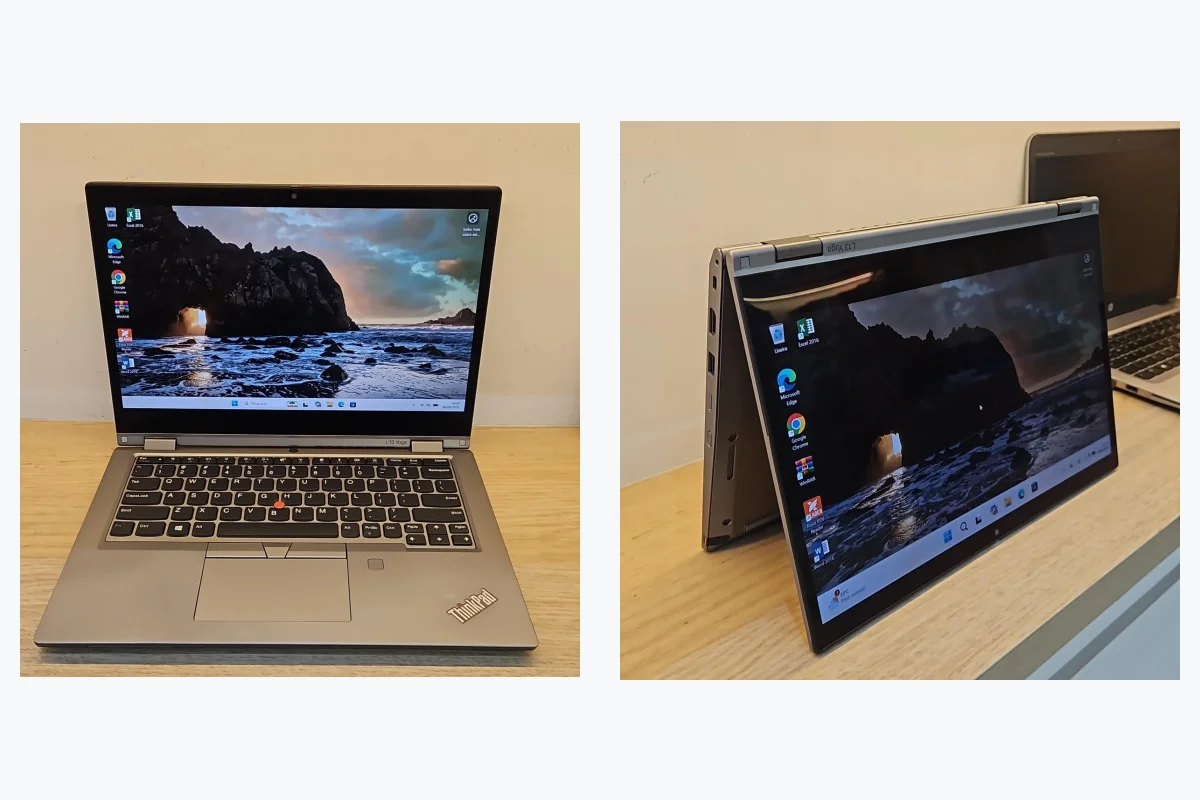 Notebook Lenovo ThinkPad L13 Yoga em modo notebook e em modo tenda, lado a lado