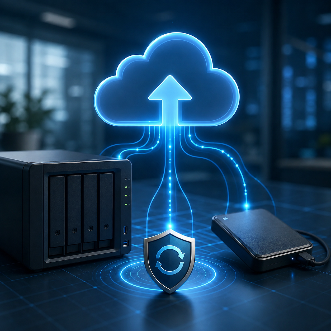NAS, HD externo e backup em nuvem protegendo os dados de uma empresa