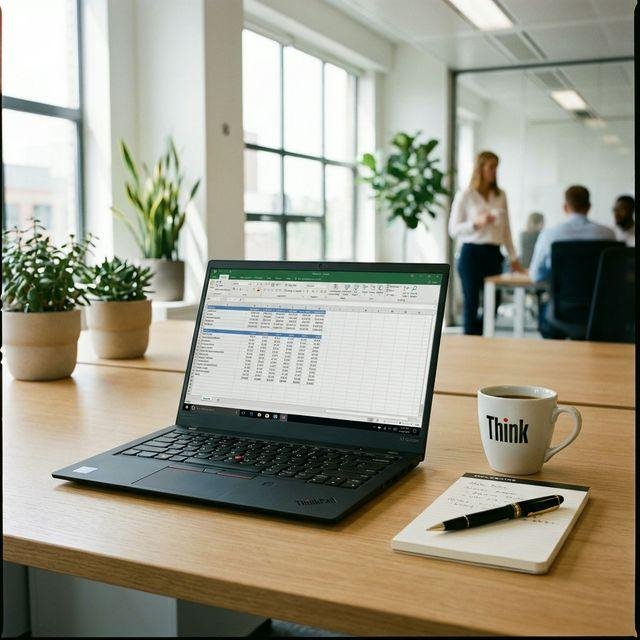 Notebook Lenovo ThinkPad aberto sobre a mesa de um escritório, ao lado de uma caneca Think