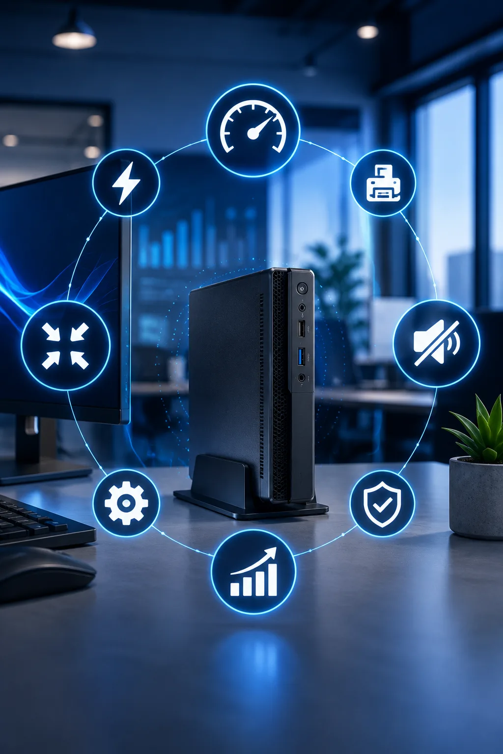 Mini PC corporativo sobre a mesa de um escritório, cercado por ícones de desempenho, economia de energia, silêncio e segurança — RDO Informática.