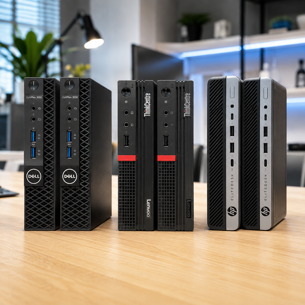 Dell OptiPlex Micro, Lenovo ThinkCentre Tiny e HP EliteDesk Mini lado a lado sobre a mesa