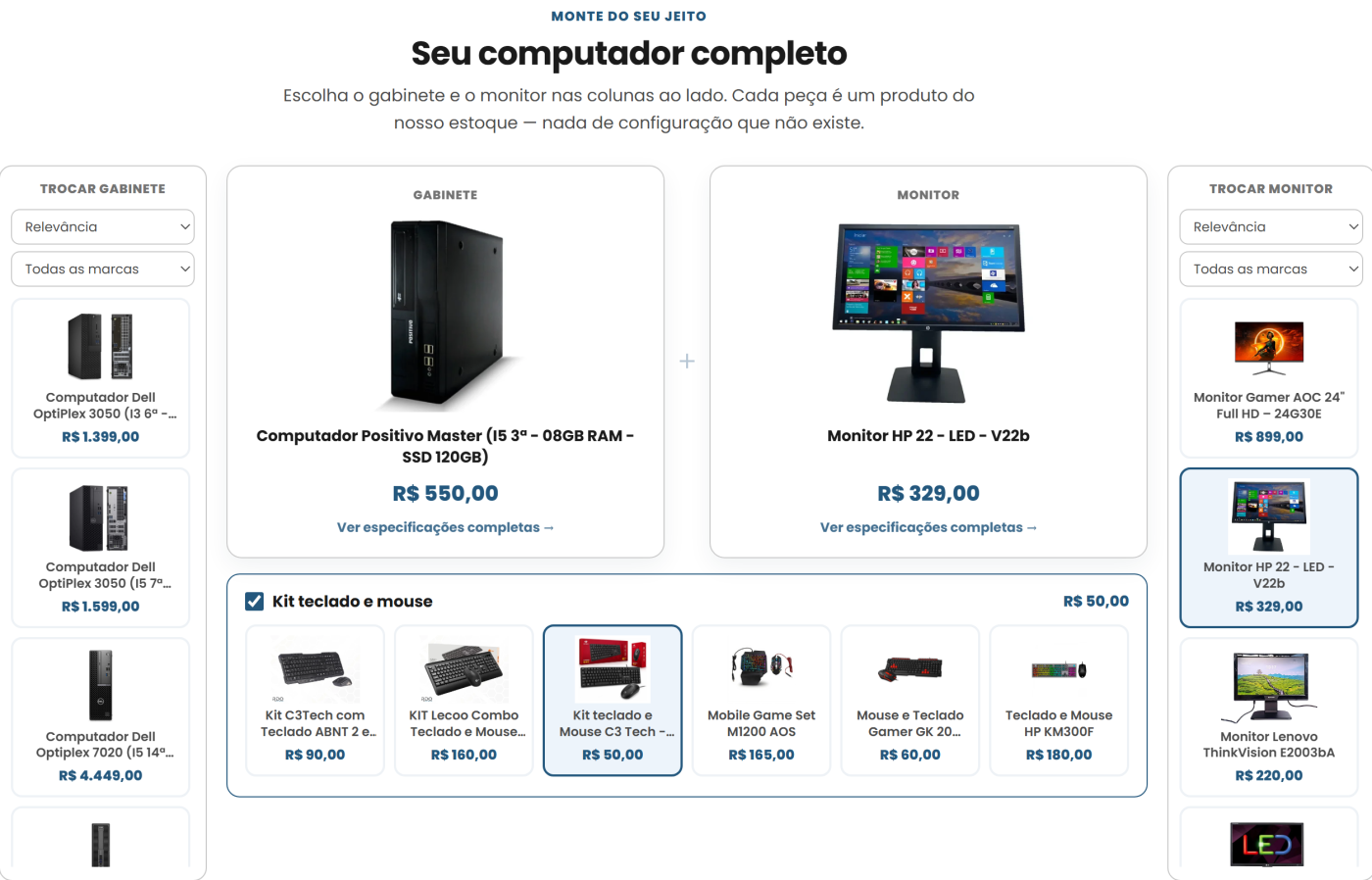 Tela Computadores Completos da RDO: colunas para trocar gabinete e monitor, peça escolhida no centro e faixa do kit teclado e mouse