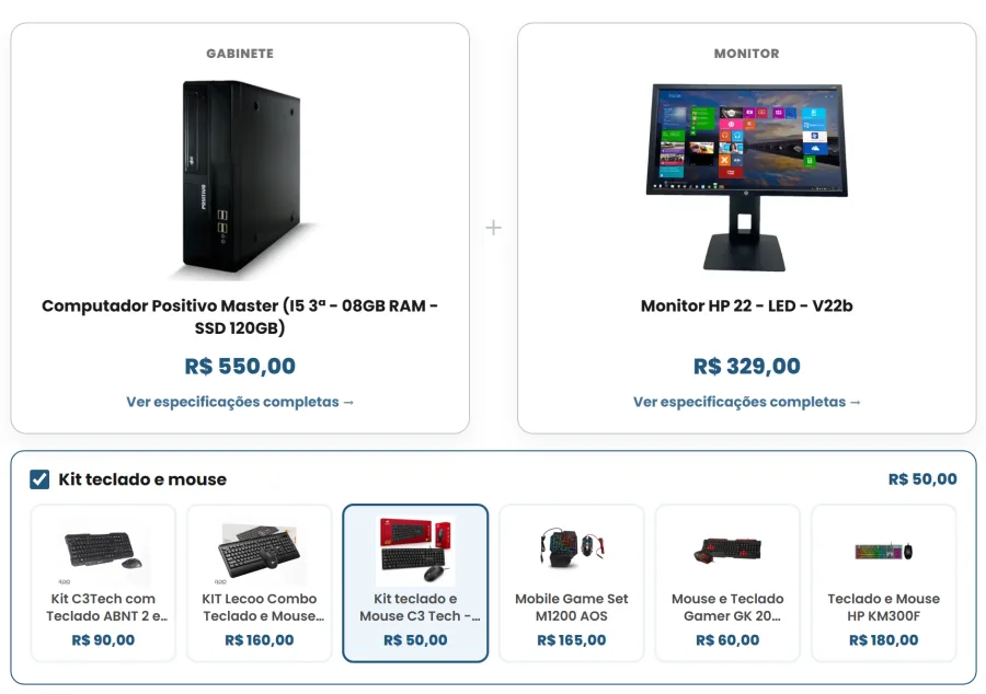 Tela de Computadores Completos da RDO, com colunas para trocar o gabinete e o monitor