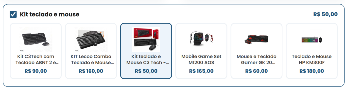 Faixa do kit teclado e mouse com seis opções e o kit escolhido destacado