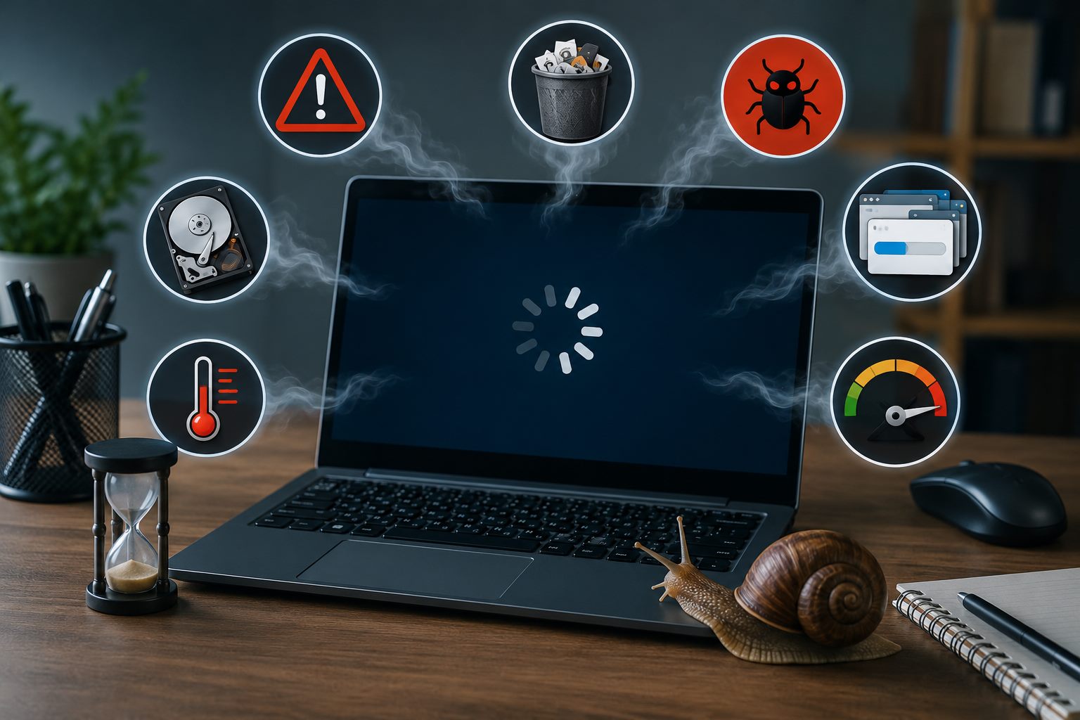 Notebook lento com ampulheta, lesma e ícones de problemas de desempenho