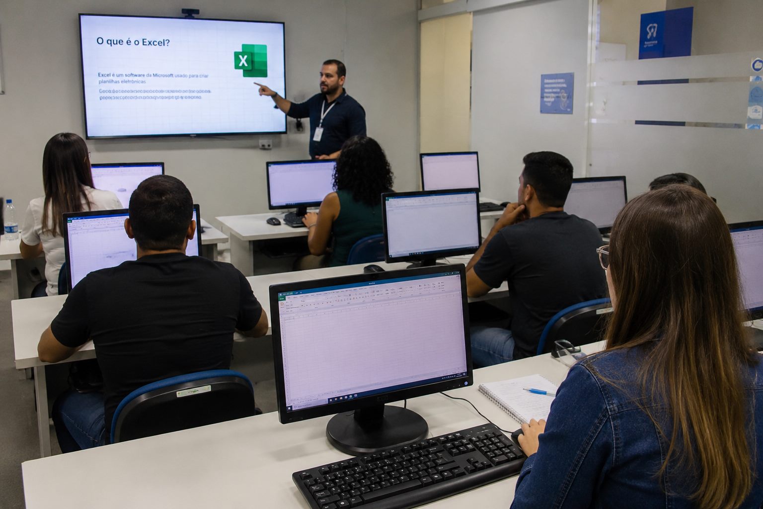 Alunos em um curso de informática usando computadores em sala de aula